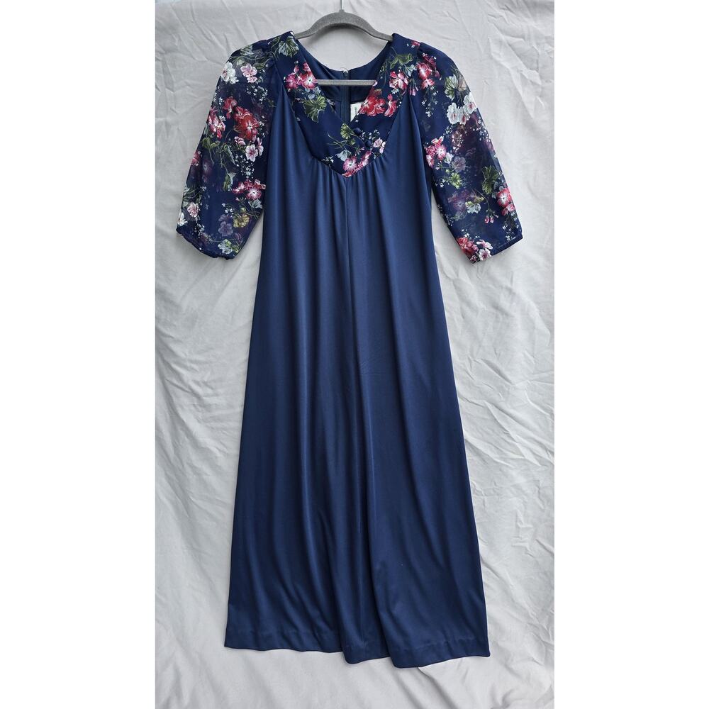 Vintage Liberty House Of Hawaii Dress Womens 8 Blue Floral Chiffon Puff Sleeves